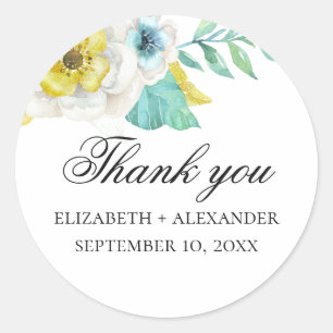 Aquarell mintgrün gelbe Blumen Hochzeit Danke Runder Aufkleber