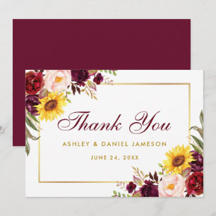 Aquarell-Mischflor-Burgund-Goldene-Hochzeit Dankeskarte