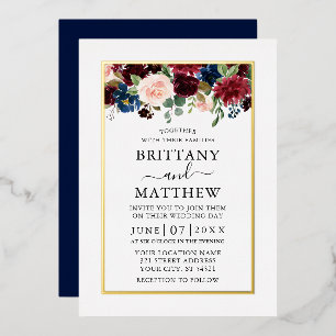 Aquarell-Mischflor-Hochzeit Blau Gold Folieneinladung