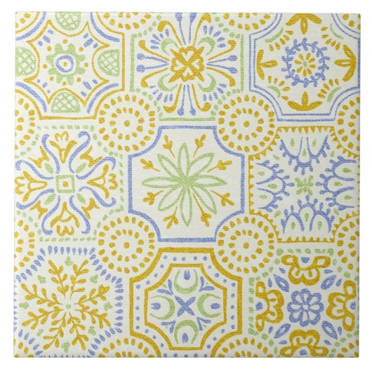 Aquarell-Mittelmeer-Azulejo-Boho-Muster  Fliese (Vorderseite)