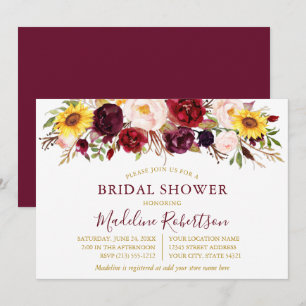 Aquarell Mixed Floral Burgundy Dusche Gold Einladung
