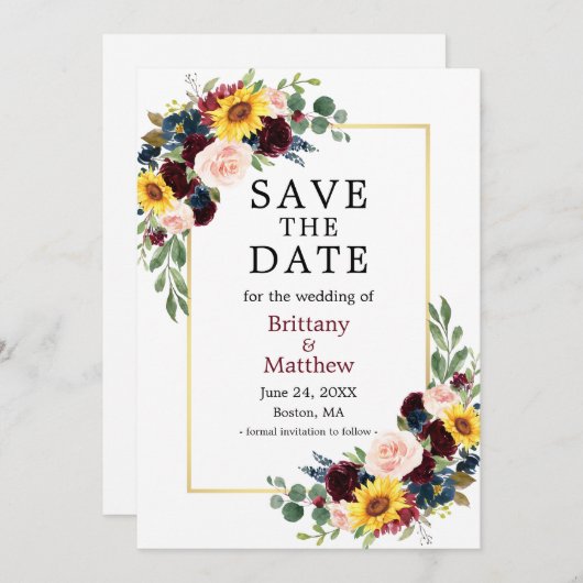 Aquarell Mixed Floral Eleganter Goldrahmen Save The Date (Vorne/Hinten)