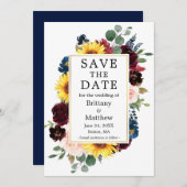 Aquarell Mixed Floral Gold Rahmen Blau Save The Date (Vorne/Hinten)