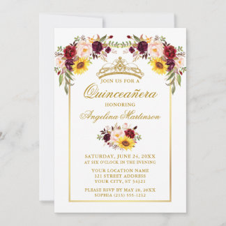 Aquarell Mixed Floral Gold Rahmen Quinceanera Einladung