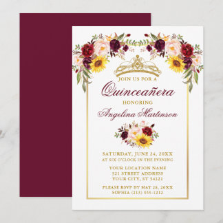 Aquarell Mixed Floral Quinceanera Gold Rahmen Einladung