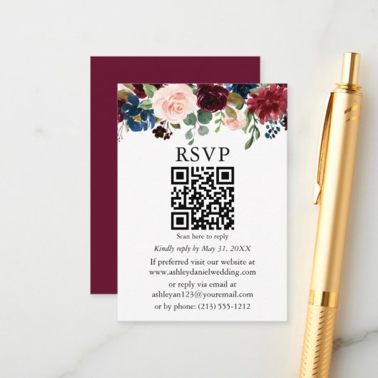 Aquarell Mixed Floral Wedding Burgundy QR UAWG Begleitkarte (Vorderseite/Rückseite Beispiel)