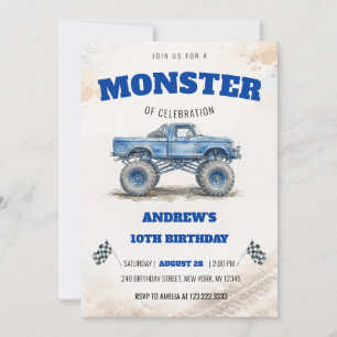 Aquarell Modern Blau Monster Truck Jungen Geburtst Einladung