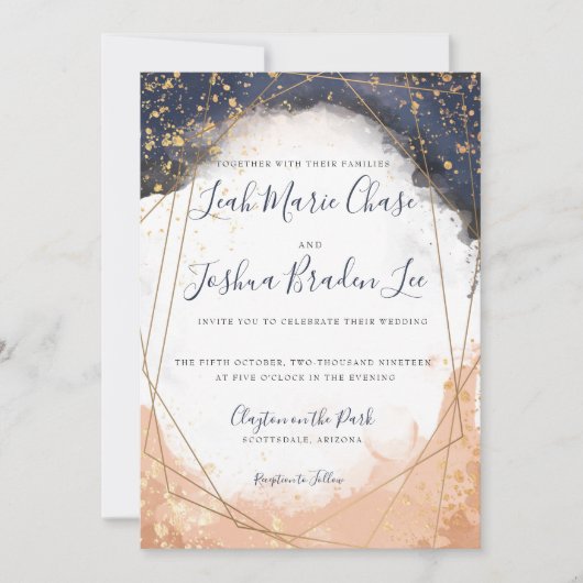 Aquarell Modern Indigo Blau und Rose Imitat Gold Einladung (Vorderseite)