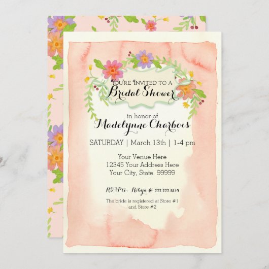 Aquarell Modernes, farbenfroh-blumengeschmücktes B Einladung (Vorne/Hinten)