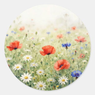 Aquarell-Mohn-Gänseblümchen-Kornblumen-Wiesen-Must Runder Aufkleber