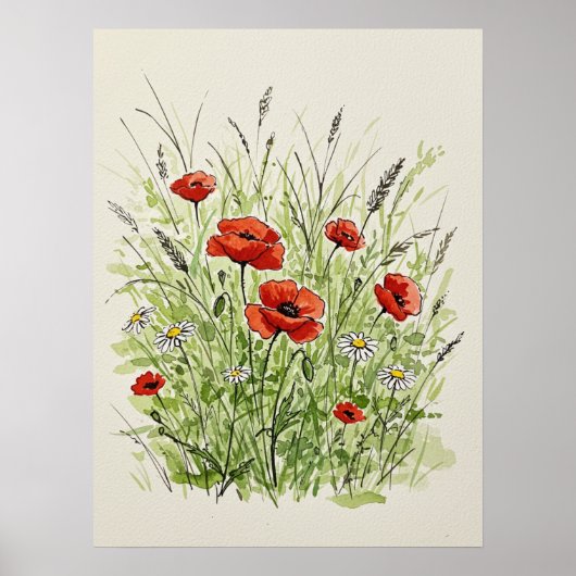 Aquarell-Mohn-und-Gänseblümchen-Kunst Poster (Vorne)
