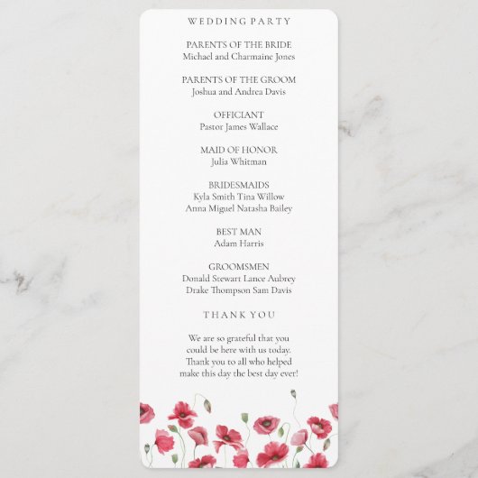 Aquarell-Mohn-und-Lavendel-Blumen-Hochzeitsprogram Programm (Rückseite)