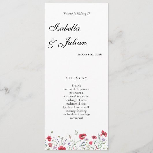 Aquarell-Mohn-und-Lavendel-Blumenhochzeit Programm (Vorderseite)