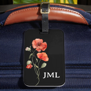 Aquarell-Mohnblumen auf schwarzem Monogramm Gepäckanhänger