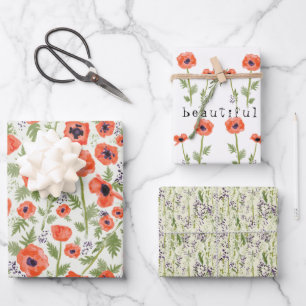 Aquarell-Mohnblumen-Orangendekor Geschenk Geschenkpapier Set