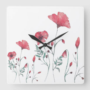 Aquarell-Mohnblumen Quadratische Wanduhr