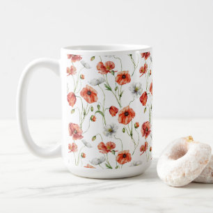 Aquarell-Mohnblumen und weiße Wildblumen auf der W Kaffeetasse