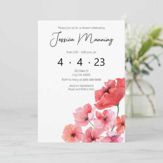 Aquarell Mohndusche Bridal Einladung (Stehend Vorderseite)