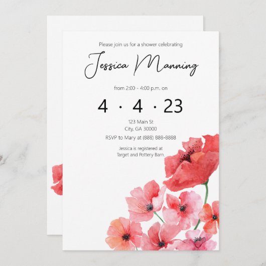 Aquarell Mohndusche Bridal Einladung (Vorne/Hinten)