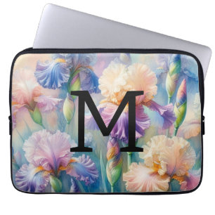 Aquarell-Monogramm lila Iris-Blüten Laptopschutzhülle