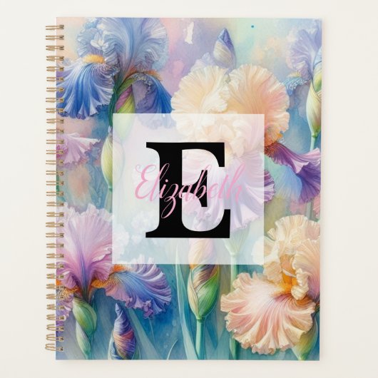 Aquarell-Monogramm lila Iris-Blüten Planer (Vorderseite)