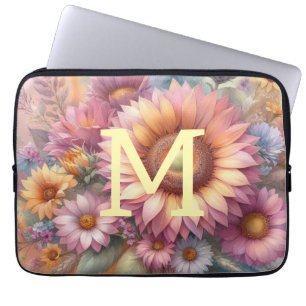Aquarell-Monogramm mit floralem Muster, rosa-gelbe Laptopschutzhülle