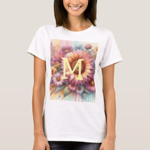 Aquarell-Monogramm mit floralem Muster, rosa-gelbe T-Shirt
