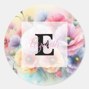 Aquarell-Monogramm mit floralen rosa roten Mohnblu Runder Aufkleber