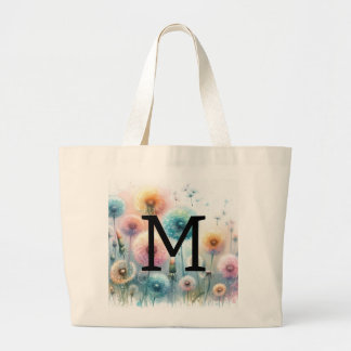 Aquarell-Monogramm mit rosa blauen Löwenzahnblumen Jumbo Stoffbeutel
