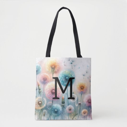 Aquarell-Monogramm mit rosa blauen Löwenzahnblumen Tasche (Vorderseite)