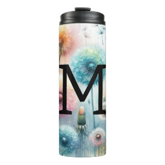 Aquarell-Monogramm mit rosa blauen Löwenzahnblumen Thermosbecher