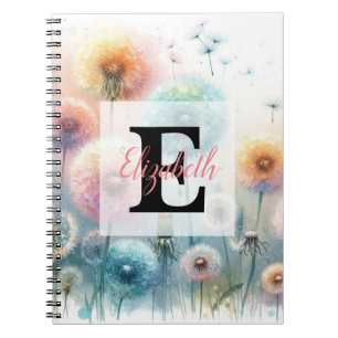 Aquarell-Monogramm mit rosa-blauen Löwenzahnblüten Notizblock