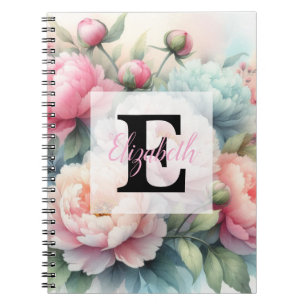 Aquarell-Monogramm mit rosa blauen Pfingstrosen Notizblock