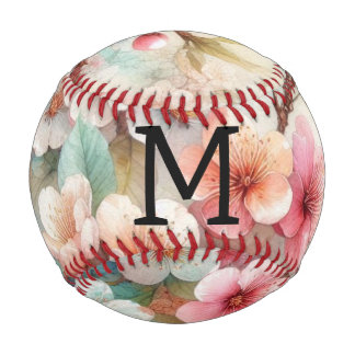 Aquarell-Monogramm mit rosa Kirschblüten  Baseball