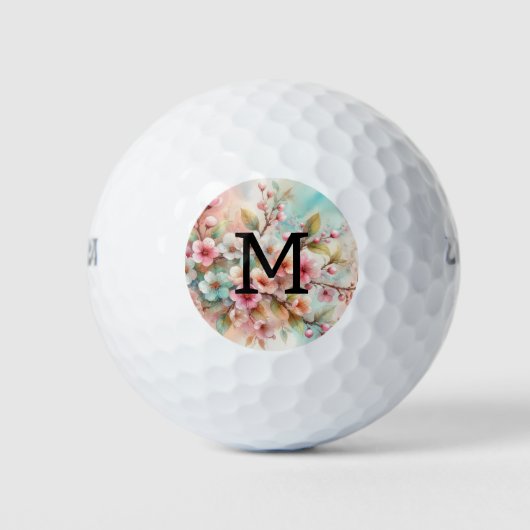 Aquarell-Monogramm mit rosa Kirschblüten  Golfball (Vorderseite)
