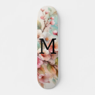 Aquarell-Monogramm mit rosa Kirschblüten Skateboard