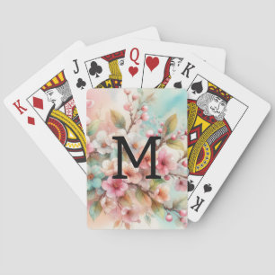 Aquarell-Monogramm mit rosa Kirschblüten  Spielkarten