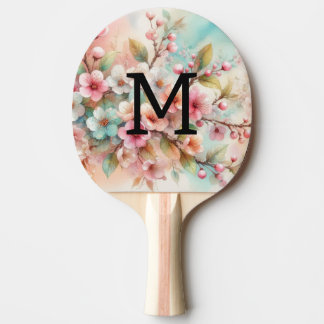 Aquarell-Monogramm mit rosa Kirschblüten  Tischtennis Schläger