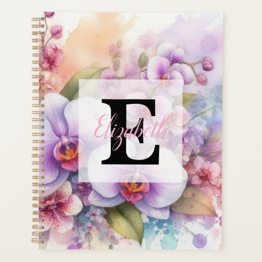 Aquarell-Monogramm mit rosa Orchideenblüten Planer (Vorderseite)