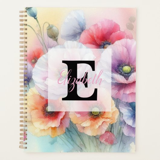 Aquarell-Monogramm mit rosa roten Mohnblumen Planer (Vorderseite)
