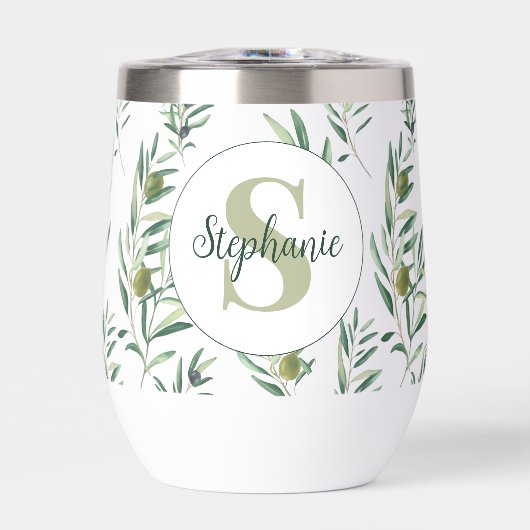 Aquarell-Monogramm-Name Olivenzweige-Muster (Vorderseite)