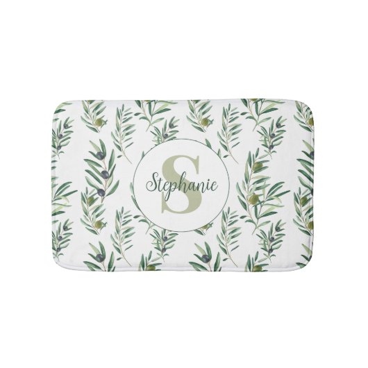 Aquarell-Monogramm-Name Olivenzweige-Muster Badematte (Vorderseite)
