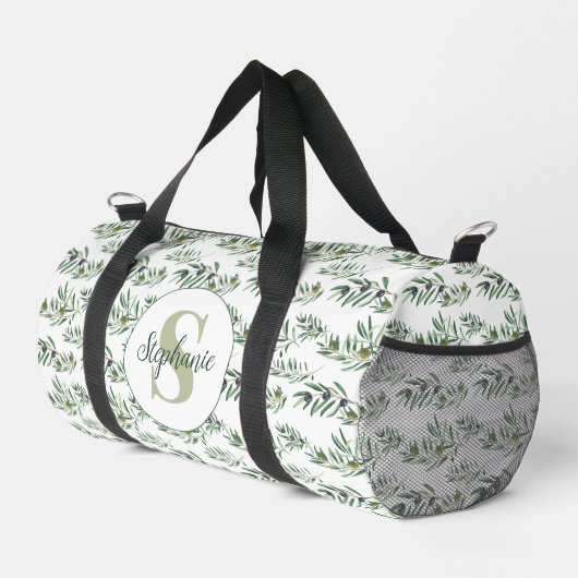 Aquarell-Monogramm-Name Olivenzweige-Muster Duffle Bag (Rechte Ecke)