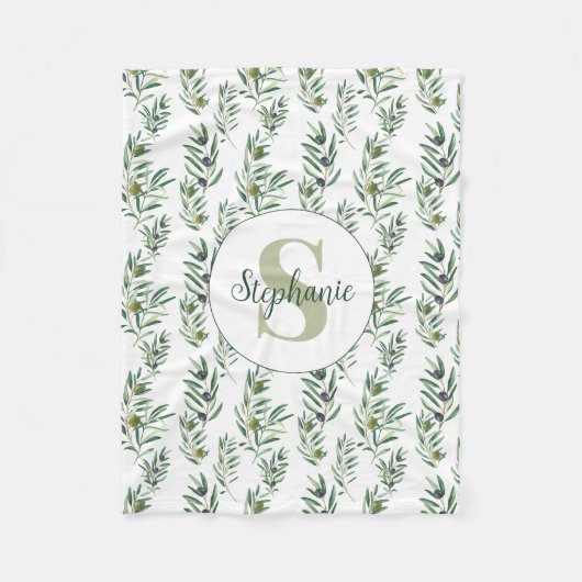 Aquarell-Monogramm-Name Olivenzweige-Muster Fleecedecke (Vorderseite)