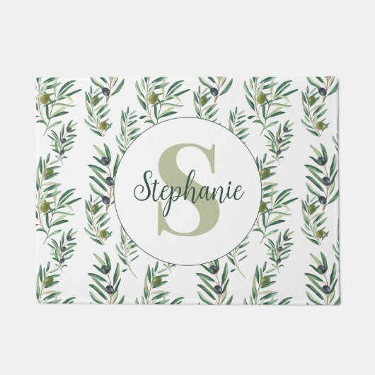 Aquarell-Monogramm-Name Olivenzweige-Muster Fußmatte (Vorderseite)