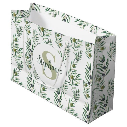 Aquarell-Monogramm-Name Olivenzweige-Muster Große Geschenktüte (Vorderseite Schrägansicht)