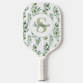 Aquarell-Monogramm-Name Olivenzweige-Muster Pickleball Schläger