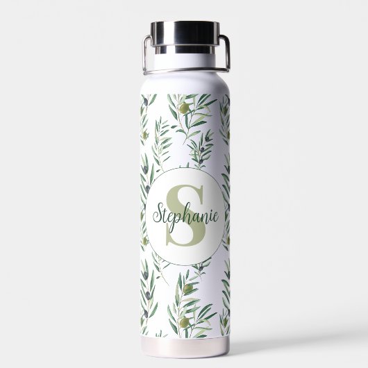 Aquarell-Monogramm-Name Olivenzweige-Muster Trinkflasche (Rückseite)