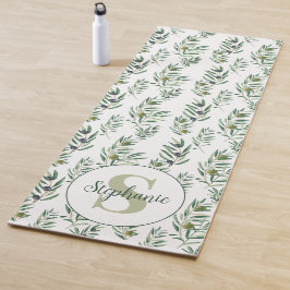 Aquarell-Monogramm-Name Olivenzweige-Muster Yogamatte