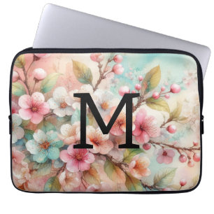 Aquarell-Monogramm rosa Kirschblüten Laptopschutzhülle